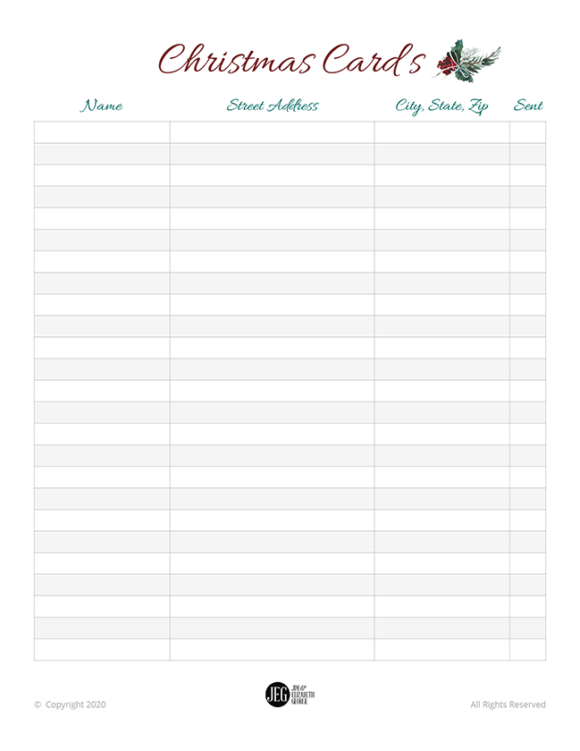 Christmas Card List (Printable) - Elizabeth George for Free Printable Printable Christmas Cards