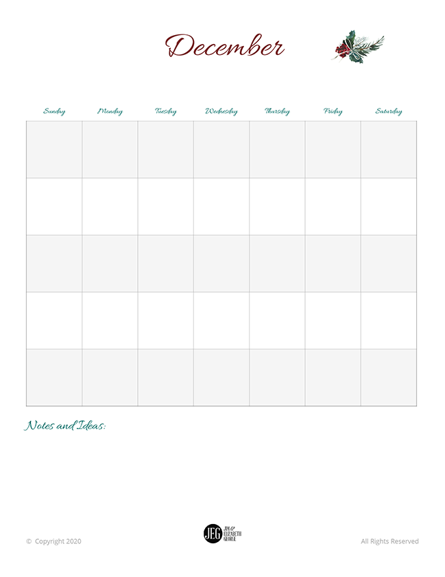 Christmas December Calendar Planner Printable Elizabeth George