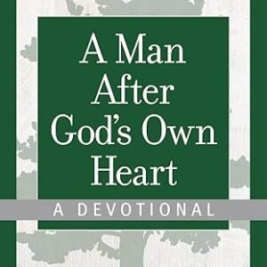Book cover for 'A Man After God's Own Heart: A Devotional' by Jim George, featuring a dark green title panel over a tree silhouette.