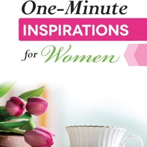 Book cover for 'One-Minute Inspirations for Women' by Elizabeth George, featuring a pink 'INSPIRATIONS' banner and a vase of pink tulips beside a white teacup.
